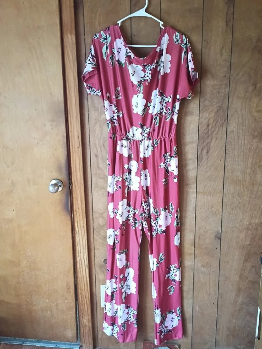 SHEIN Pink Floral Wide Leg Jumpsuit Size Large Elastic Waist Boho Casual